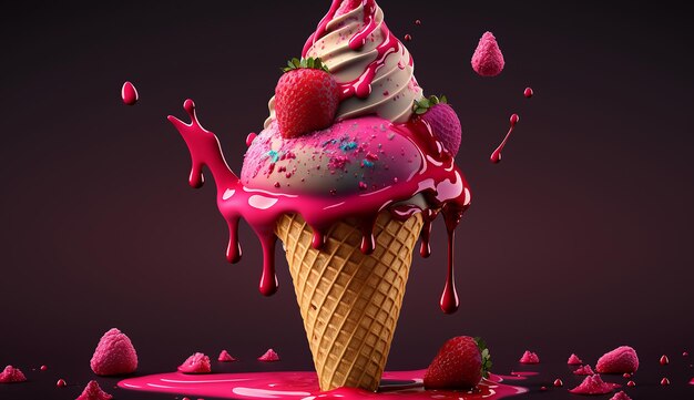 Eis-Himbeer-Welligkeit, rote Vanille-Dessert-Eisbecher-Bild, KI-generierte Kunst