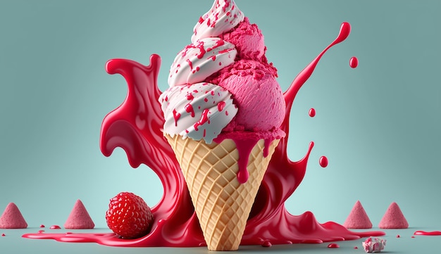 Eis-Himbeer-Welligkeit, rote Vanille-Dessert-Eisbecher-Bild, KI-generierte Kunst