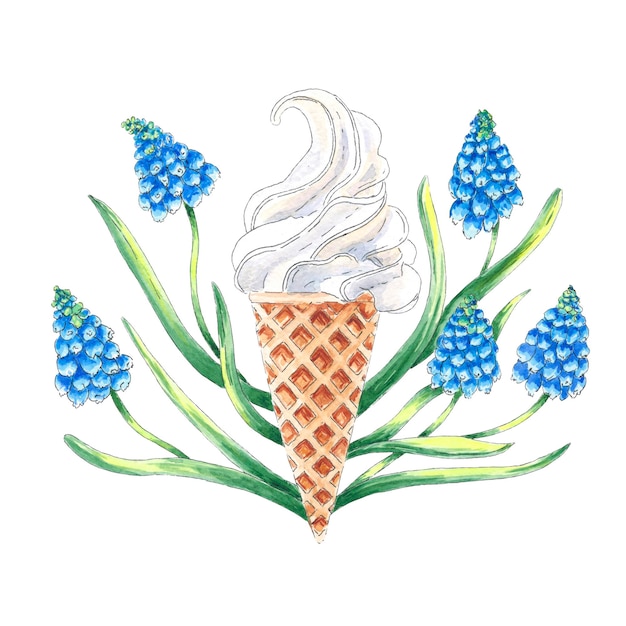 Eis in einer Tasse mit einem Strauß Muscari-Blüten. aquarellillustration isoliert