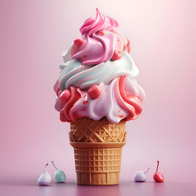 Foto eis in waffelkegel auf rosa hintergrund 3d-illustration