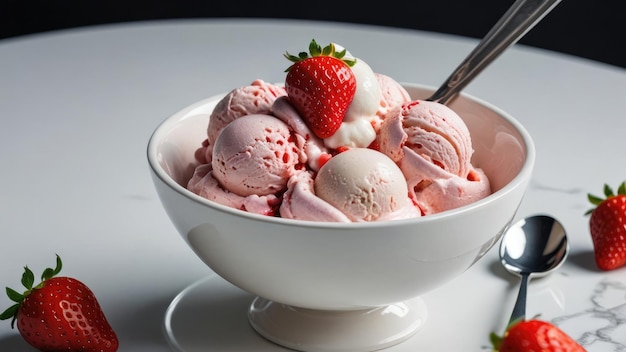 Eis mit Erdbeeren auf einem Teller