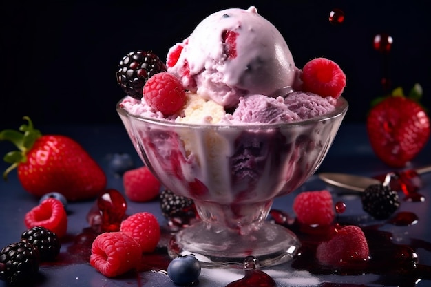 Eis mit frischen Beeren auf dunklem Hintergrund