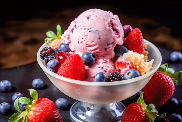 Eis mit frischen Beeren in einer Glasschüssel auf schwarzem Hintergrund Generative KI