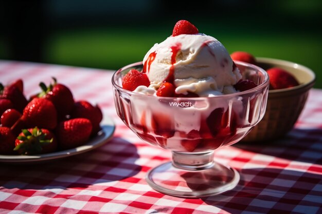 Eis mit frischen Erdbeeren auf einem Tisch