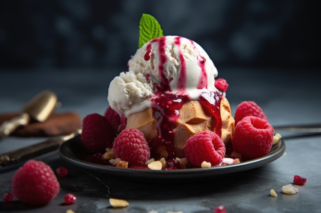 Eis mit frischen Himbeeren auf einem Teller