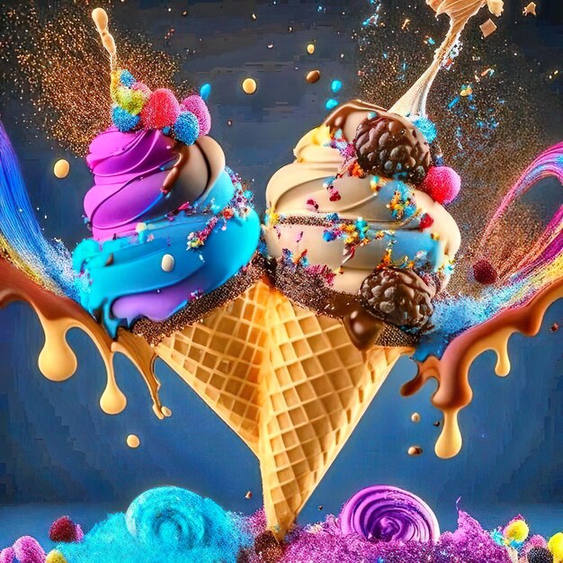 Eis mit Schokoladensauce ist ein köstliches Dessert, das mit Cremes und Fruchtfarben geschmückt ist