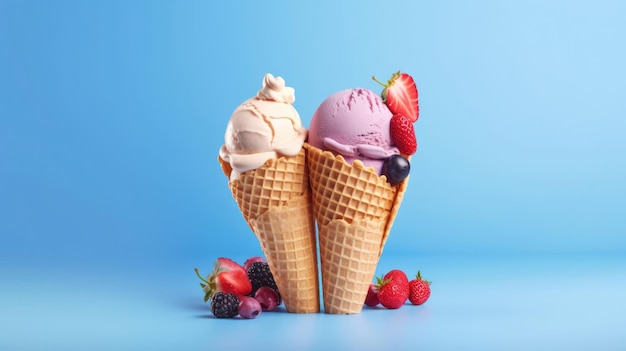 Eis, Schokolade, Vanille und Erdbeereis in der Tüte auf blauem Hintergrund. Generative KI