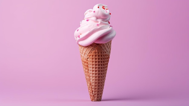 Eis, Schokolade, Vanille und Erdbeereis in der Tüte auf rosa Hintergrund. Generative KI