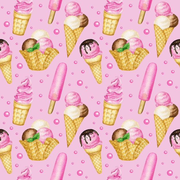 Eis Sommernahtloses Muster mit Eislutscherschaufeln mit Schokolade in Waffelkegelrosa
