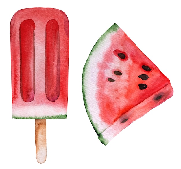 Eis und Scheibe roter saftiger Wassermelone mit Samen Aquarell tropische Fruchtillustration Gesundes Essen Sommer-Designelement