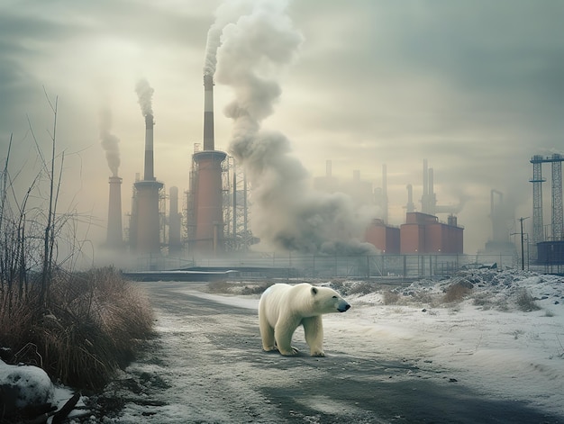 Foto eisbär auf dem feld einer kraftwerksfabrik, luftverschmutzung durch fabrik, klimawandel, durch ki erzeugt