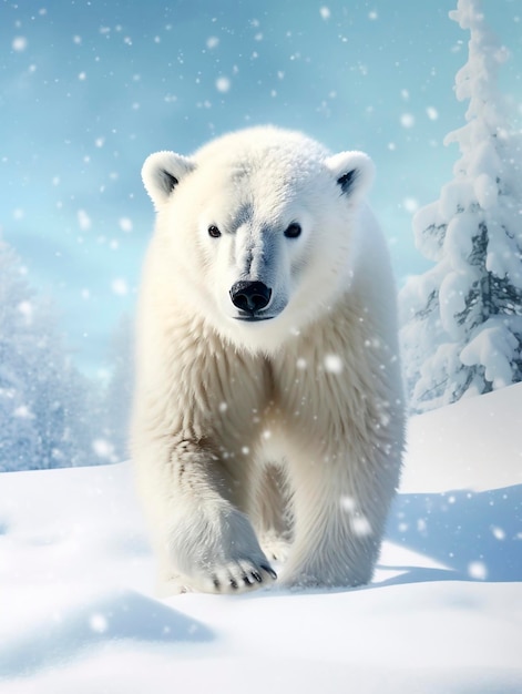 Eisbär auf dem Schnee im Wald Winterlandschaft