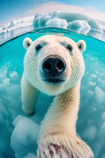 Eisbär im Wasser mit Eisbergen im Hintergrund