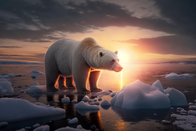 Eisbär in der Antarktis vor Sonnenuntergang im Hintergrund Generative KI