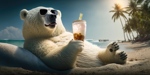 Eisbär ist im Sommerurlaub im Badeort und entspannt sich am Sommerstrand