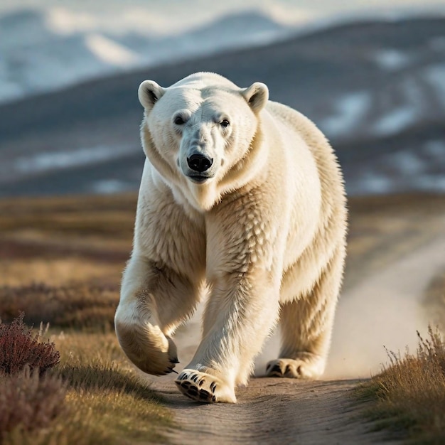 Eisbär läuft auf der Hintergrundstrecke Wüstennatur Wildtiere und Schnee