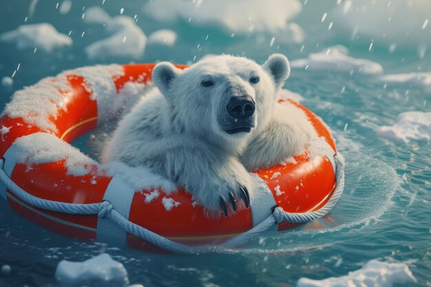 Eisbär schwimmt auf einer Rettungsboje, umgeben von schmelzendem Schnee Konzept für die globale Erwärmung Generative KI