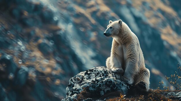 Eisbär sitzt auf einem Berg mit verschwommenem Hintergrund Ai generative