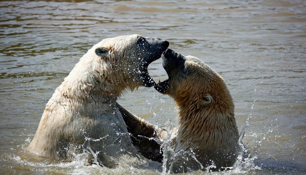 Eisbären kämpfen in einem See in einem Wildpark