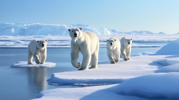 Eisbären suchen inmitten schnell verschwindender Eisberge nach Nahrung. Folge der globalen Erwärmung und des Klimawandels. Banner
