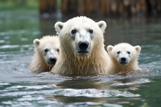 Eisbärenfamilie genießt ein Bad im kalten Wasser