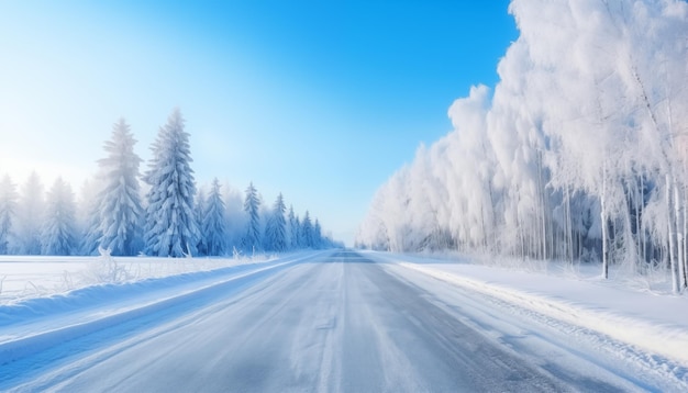 Eisbahn durch schneebedeckten Wald im Winter mit blauem Himmel Gerade Asphaltstraße führt in die