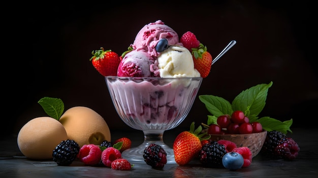 Eisbecher mit frischem Obst, KI generiert