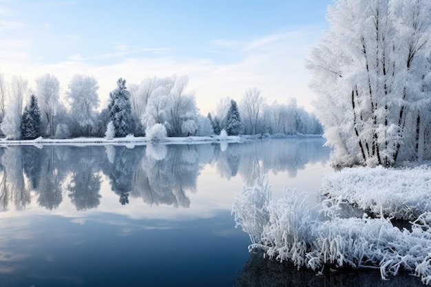 Eisbedeckter See mit schneebedeckten Bäumen um ihn herum