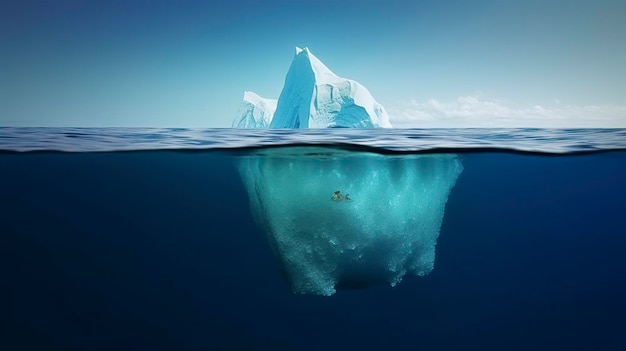 Eisberg mit Blick von oben und unter Wasser, aufgenommen in Grönland. Eisberg, versteckte Gefahr und Konzept der globalen Erwärmung. Eisberg-Illusion, kreative Idee, KI erzeugen