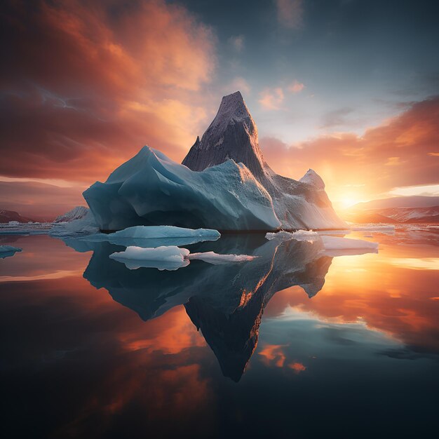 Eisberg unter einem fantasievollen, farbenfrohen Himmel während des Sonnenuntergangs in der Arktis, generatives KI-Bild