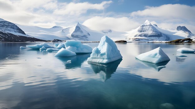 Eisberge, die in einem Fjord schwimmen und unter einer hellen Sonne deutliche Anzeichen von Schmelzen aufweisen