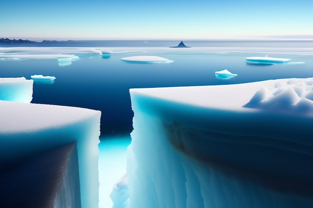 Eisberge im Ozean mit blauem Himmel und der Sonne, die auf sie scheint.