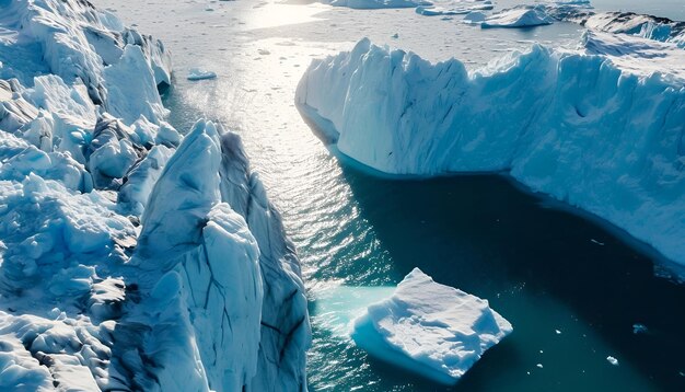 Eisberge in Grönland in der Draufsicht bei sanftem Tageslicht