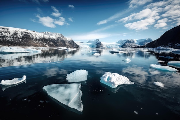 Eisberge schwimmen im stillen Wasser eines eiskalten Fjords