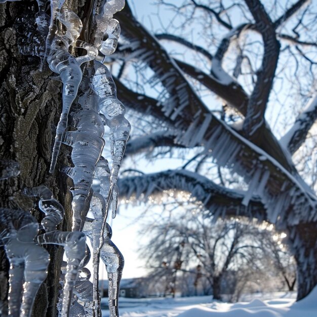 Eisblätter hängen an einem Baum und ein Baum mit Eisblättern hängt an ihm