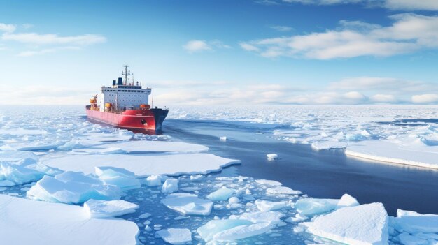 Eisbrecher fährt auf dem Meer zwischen dem blauen Eis