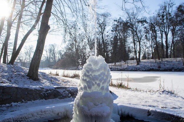 Eisbrunnen im Park an einem sonnigen Wintertag Brunnen mit gefrorenem Wasser