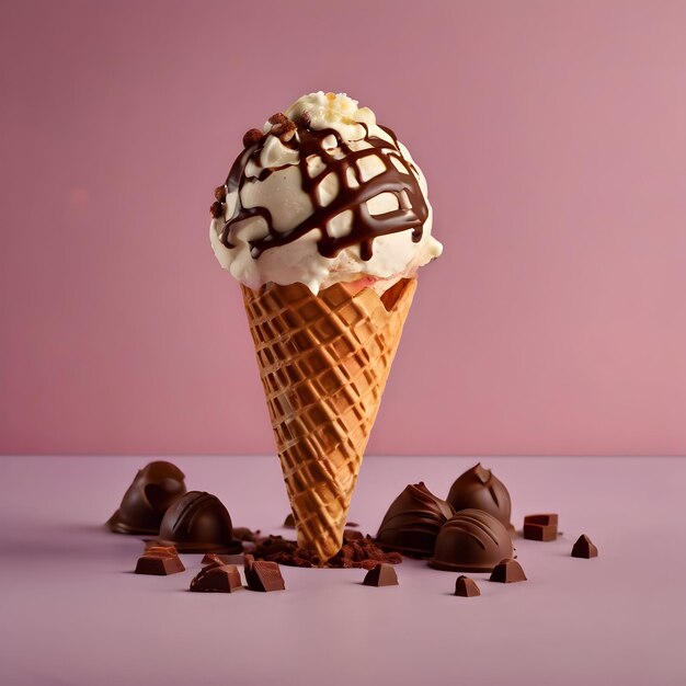 Foto eiscreme-dessert mit erdbeeren und schokoladensauce generativ ai