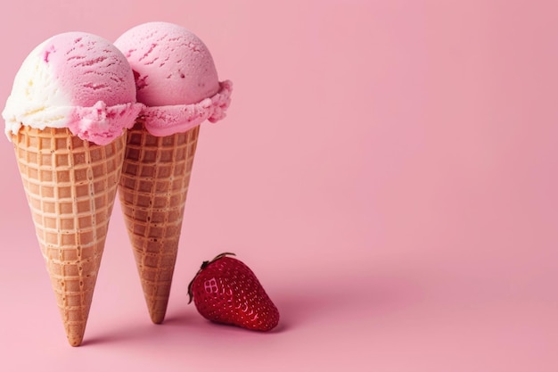 Eiscreme Eiscreme-Kegel mit Vanille- und Erdbeergeschmacksrichtungen auf rosa Hintergrund