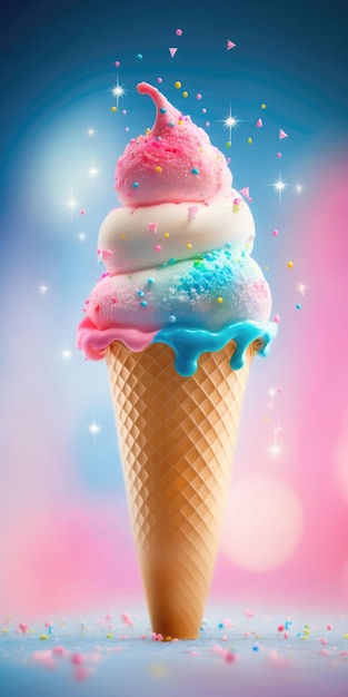 Eiscreme-Erdbeere auf Hintergrund, weiß, rosa, blau, magisches Fantasy-Bokeh-Smartphone-Hintergrundbild