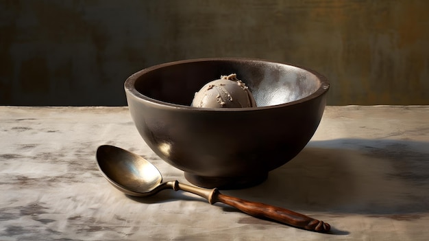 Eiscreme in einer Schüssel mit Löffel auf einem Steintisch