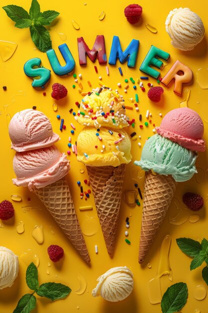 Foto eiscreme-kegel auf gelbem hintergrund und das wort summer im minimalistischen stil