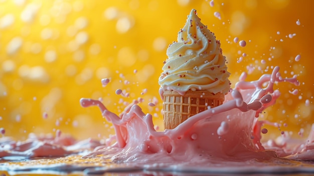 Eiscreme-Kegel spritzt in rosa Milch gegen einen gelben Hintergrund