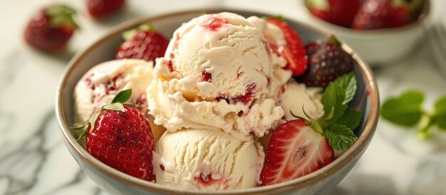 Eiscreme mit Erdbeeren und Minze