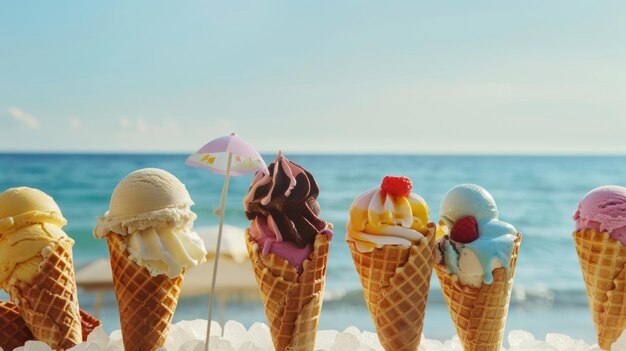 Foto eiscreme-schuppen in waffelkegeln vor dem hintergrund des strandes