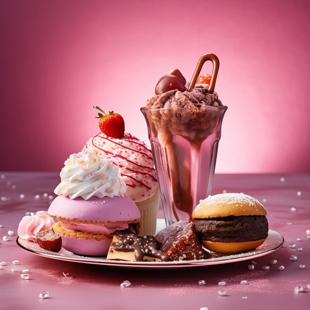Eiscreme und Donuts in Glas mit Erdbeeren auf rosa Hintergrund