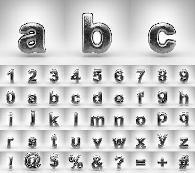 Eisenalphabet mit Kleinbuchstaben auf weißem Hintergrund. 3D gerenderte Buchstaben, Zahlen und Schriftsymbole mit glänzender Metallstruktur.