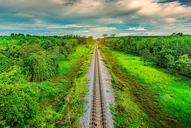 Eisenbahn- und Eisenbahnzugtransport mit Farbe des Himmelsonnenlichts