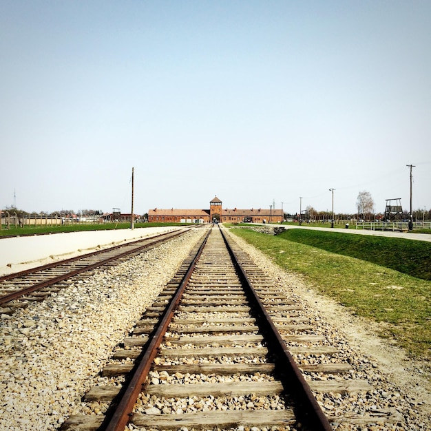 Eisenbahnschienen im Konzentrationslager Auschwitz vor klarem Himmel