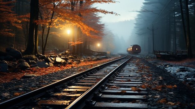 Eisenbahnstrecke während eines nebligen Herbstmorgens auf dem Land